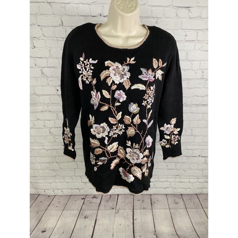 VTG Worthington Black Floral Beaded Embroidered Shoulder Pad Pullover Sweater M